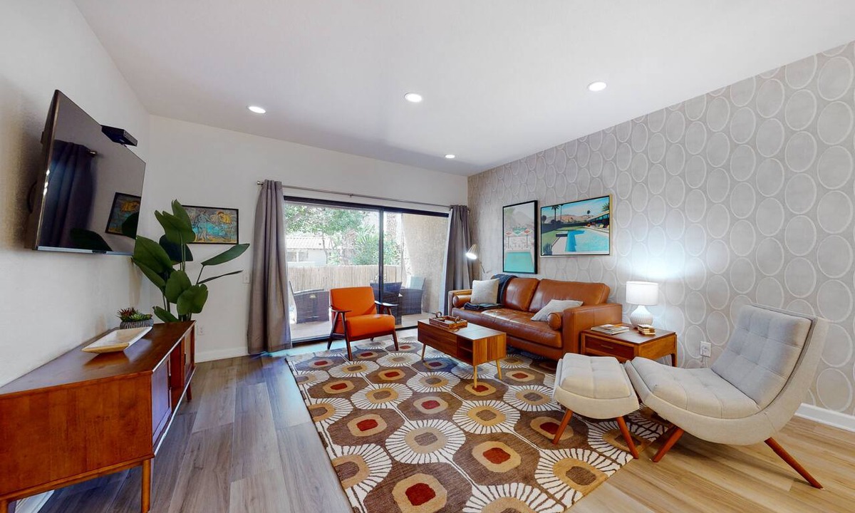 Palm Springs Apartment | Vibrant dog-friendly condo with hot tub, tennis court, pool, W/D, grill & patio