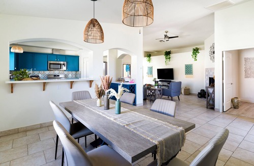Desert Hot Springs House | Boho Desert Retreat-Saltwater Pool Oasis - Game Room - Mountain Sunsets