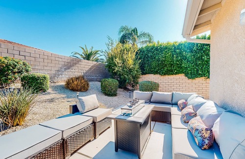 Desert Hot Springs House | Dog-friendly home with patio, grill, firepit, outdoor pool, tennis, & fireplace