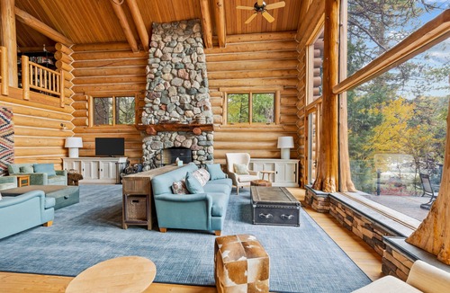 Bass Lake Cabin | Luxe lakefront lodge with amazing view, dock & beach near skiing & golf