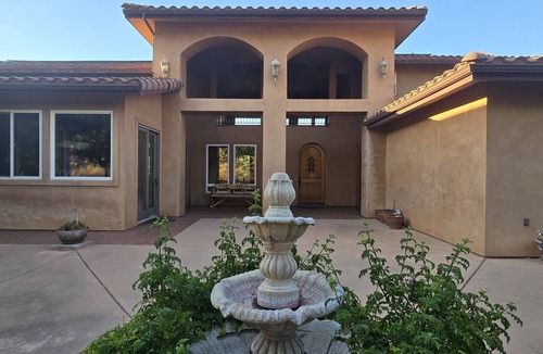 Sanger House | Private oasis with pool, outdoor bar, horses, river access & pyramid.